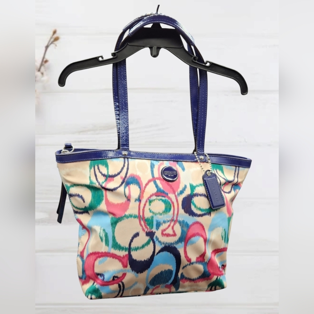 Gently Used Coach Signature Stripe Ikat Print Canvas Royal Blue Trimmed Tote Bag